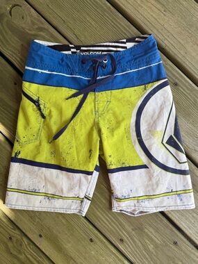 Volcom Boys Lido Ion Board Shorts Swim Trunks Size 24 Lime Blue White